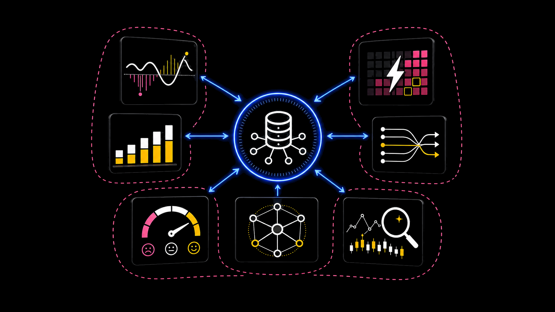 Global crypto market data panels orbiting a data hub