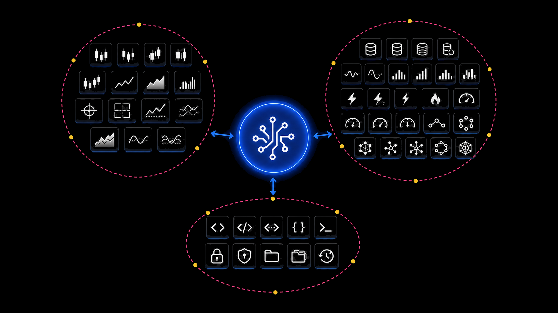 AI command core with crypto chart tools orbiting a glowing ring