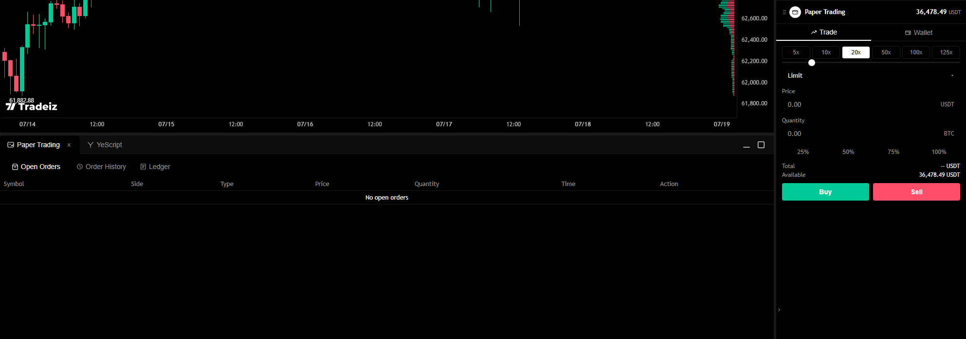 Paper trading settings popover